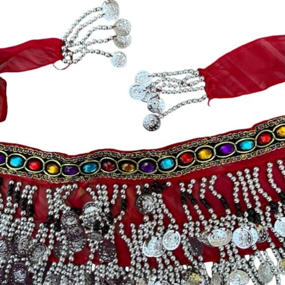 Chiffon Red Belly Dance Hip Scarf Colorful Gems Silver Coins and Bead Wrap Skirt - Picture 6 of 10